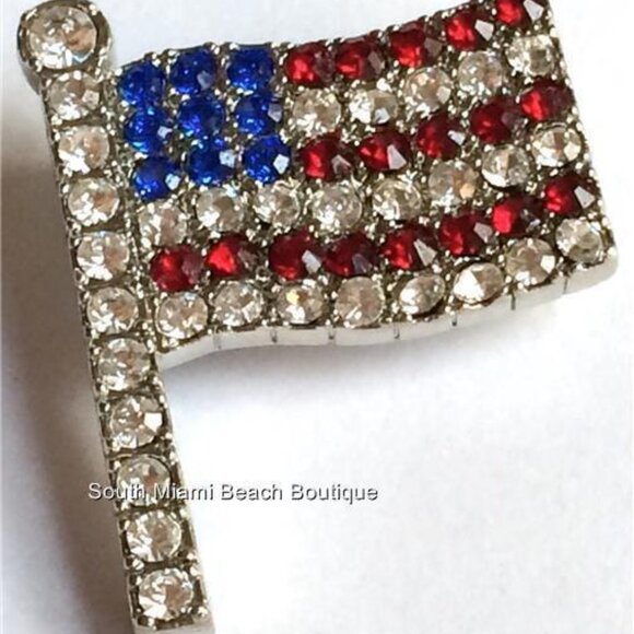 USA American Flag Pin Brooch Patriotic July 4th US Crystal Silver Plated 1.5" - Picture 6 of 12